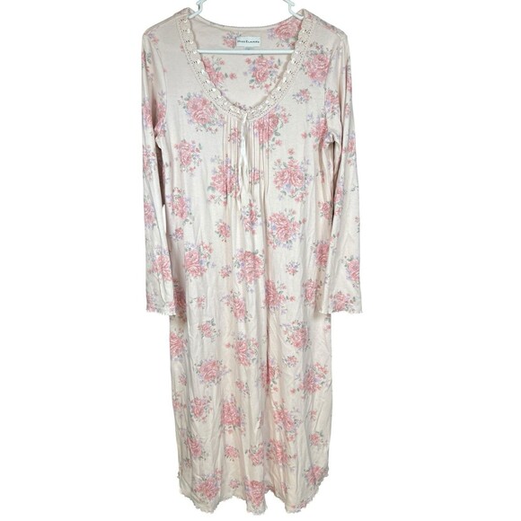 Miss‎ Elaine Nightgown Womens Sz M Pink Floral Lace Long Sleeve Cottage Prairie - Picture 1 of 12